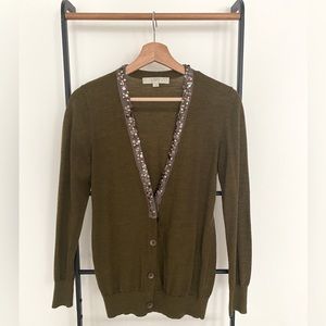 LOFT wool-blend cardigan sweater, olive, small, like new